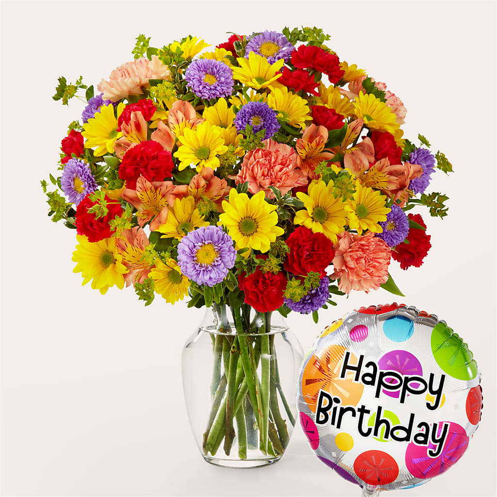 Kaleidoscope Bouquet with Birthday Balloon – Atkinson Florist, Thornhill ON